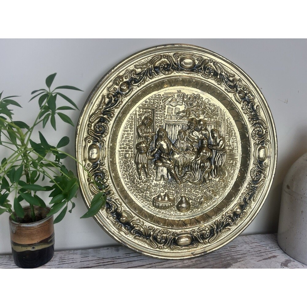 Antique Hammered Brass Wall Mounted Plate Colonial Style Wall Hanging Family 17”